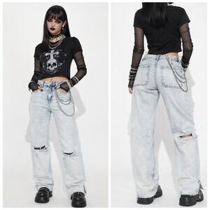 Punk Goth Distressed Light Wash Wide Leg Jeans Ripped‎ Knee Alt Y2K Style NWT